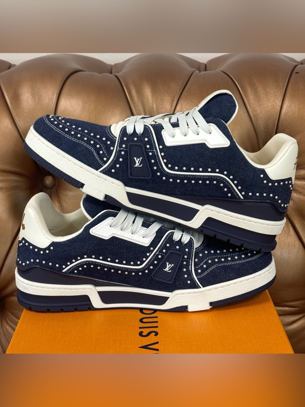 Louis Vuitton LV Trainer Sneaker 1AJ517 Swarovski™ pearls Indigo Blue SIZE 8.5 - Picture 14 of 14